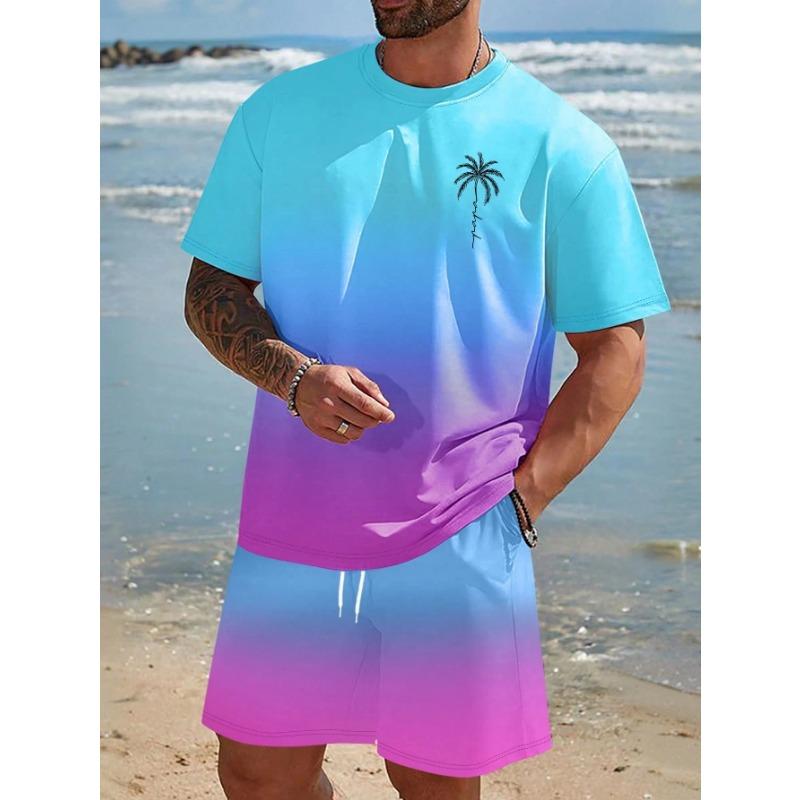 New Gradient Color T-shirt Shorts 2-pcs Set Short Sleeve T-shirts Elastic Waist Shorts Set Pocket Hawaiian Men's Beach Swimsuit
