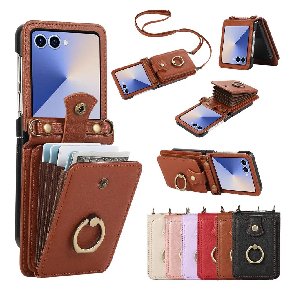 Portafoglio in Pelle Custodia per Telefono per Samsung Galaxy Z Flip 7 6 5 4 3 Flip7 FE con Anello per Dita Porta Carte e Tracolla