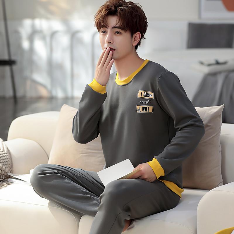 Casual Men Spring Autumn Nightwear Knitted Cotton Pajamas Set Long Sleeved Long Pants Fashion Elegant Mens Leisure