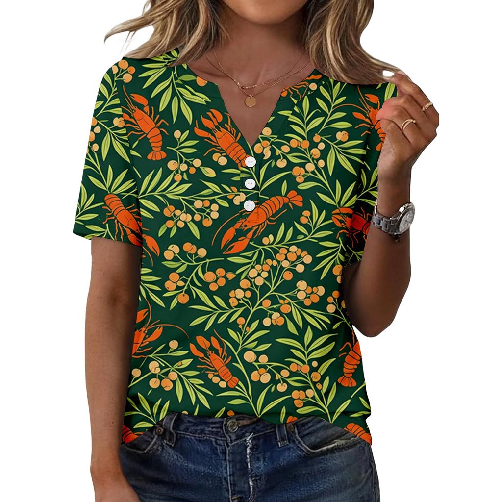 Women Casual V Neck Short Sleeve Button Front T Shirt Lobster Print Lightweight Summer Top