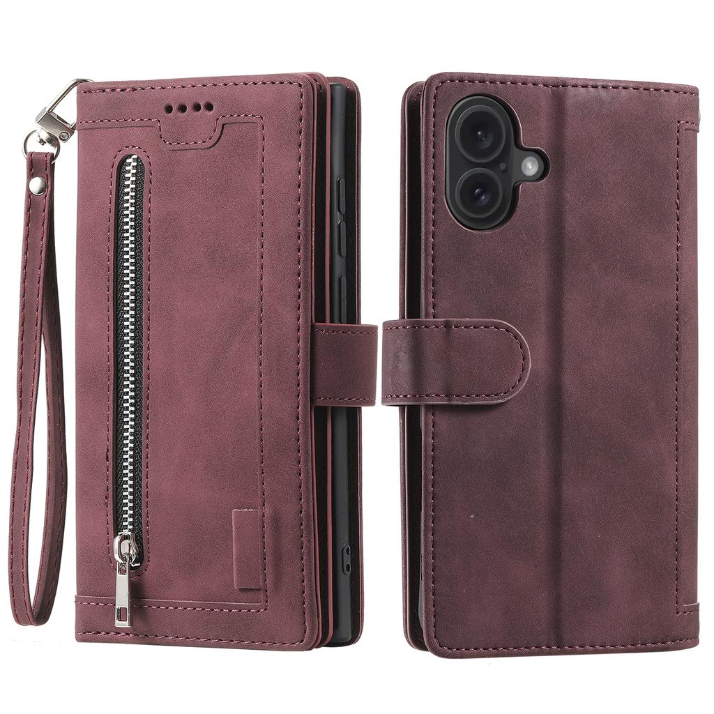 For iPhone 17 Case 9 Card Slots Zipper Wallet PU Leather Phone Cover with Wrist Strap