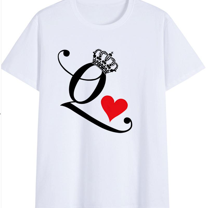 Polyester 100% New KING QUEEN Printed Short-sleeved Casual Couple T-shirt for Couples Women Clothing Graphic Aesthetic Summer
