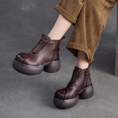 Modne GKTINOO Damskie Botki na Grubej Podeszwie Prawdziwa Skóra 2025 Nowe Zimowe Okrągły Nosek Ręcznie Robione Retro Buty na Platformie