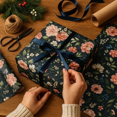 1 Rolle Dunkelblaue Nacht mit Blumenmotiv Geschenkpapier | Geeignet für Valentinstag, Geburtstage, Jahrestage, Hochzeitstage