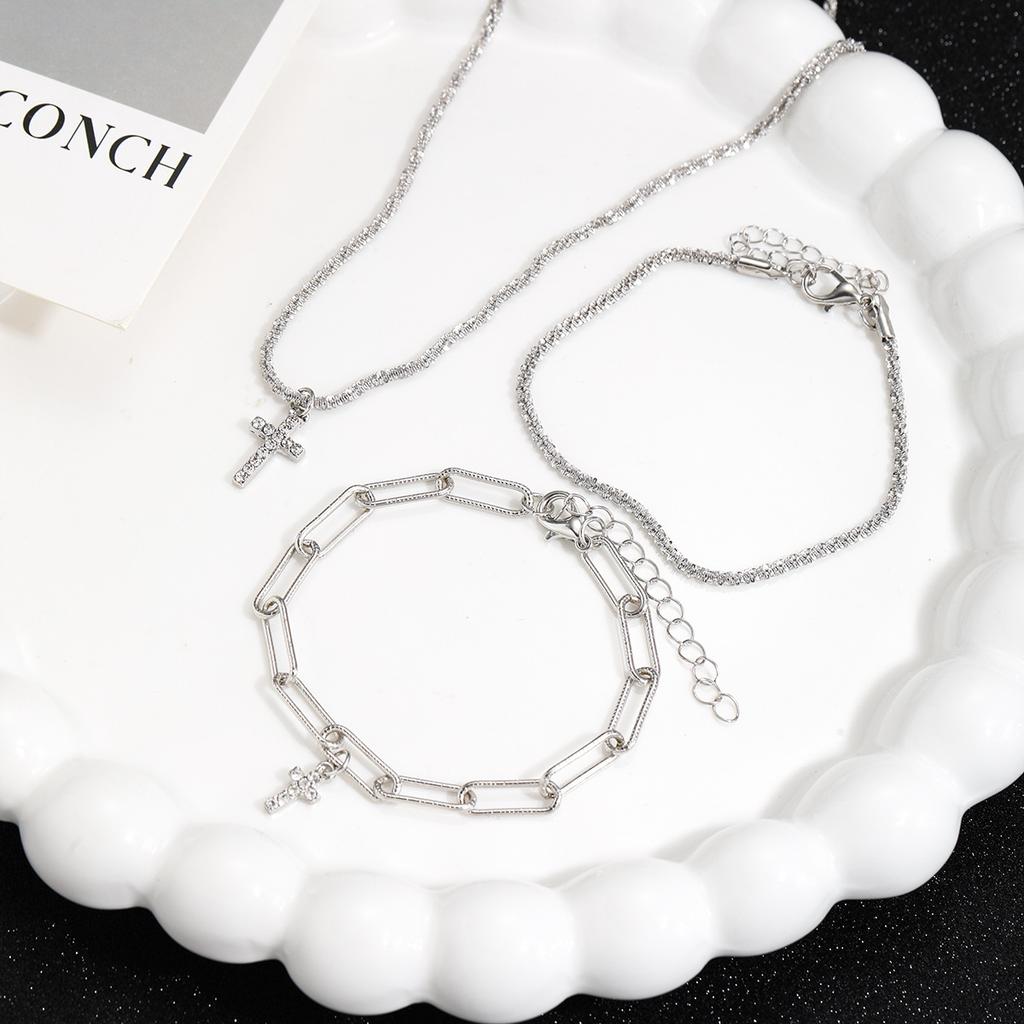 Brățară cruce de culoare argintie strălucitoare, set de colier pentru femei, bijuterii de nuntă cu cer înstelat dublu stratificat, la modă