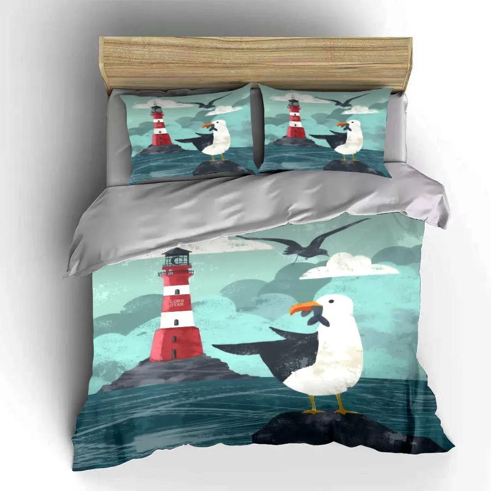 """Leuchtturm Möwe Ozean Dekorations-Set"" Weiches Bequemes Bettwäsche-Set Bettbezug Enthalten 1*Bettbezug & 2*Kissenbezüge Geschenk"""