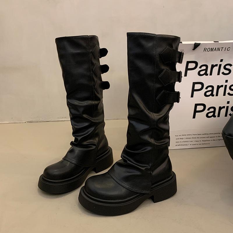 Designer Platform Leather Knight Boots for Women Fashion Soft-soled Women's Knee-high Boots Spring Autumn Casual Shoes Female