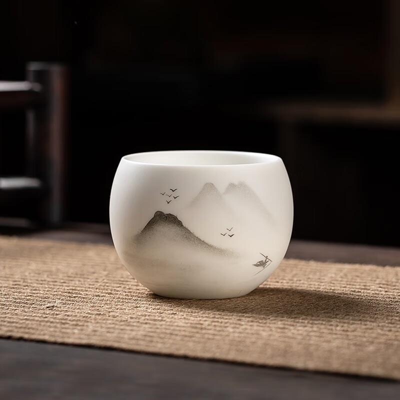 Chinese White Porcelain Master Tea Cup - Ink Landscape Hand-Painted