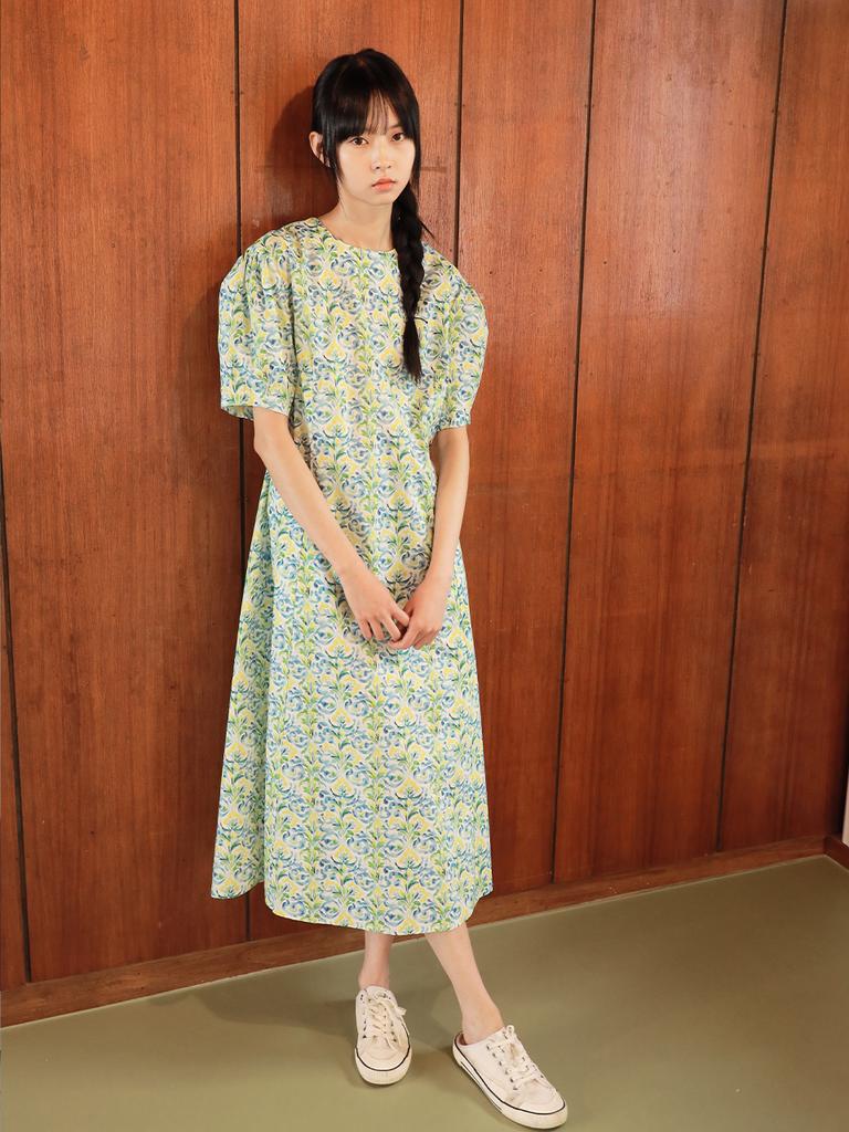 Vincent Navy Floral Short Sleeve Dress_White