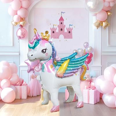 Tęczowy jednorożec ze skrzydłami i kołami stojący balon, motyw jednorożca, przyjęcie urodzinowe, dekoracja urodzinowa dla dziewczynki