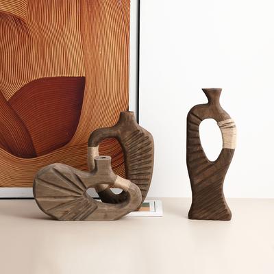 Handmade Wooden Vase Abstract Hollowed-out Natural Wood Flower Vase Flower Arrangement Accessories Hemp Rope Home Decoration