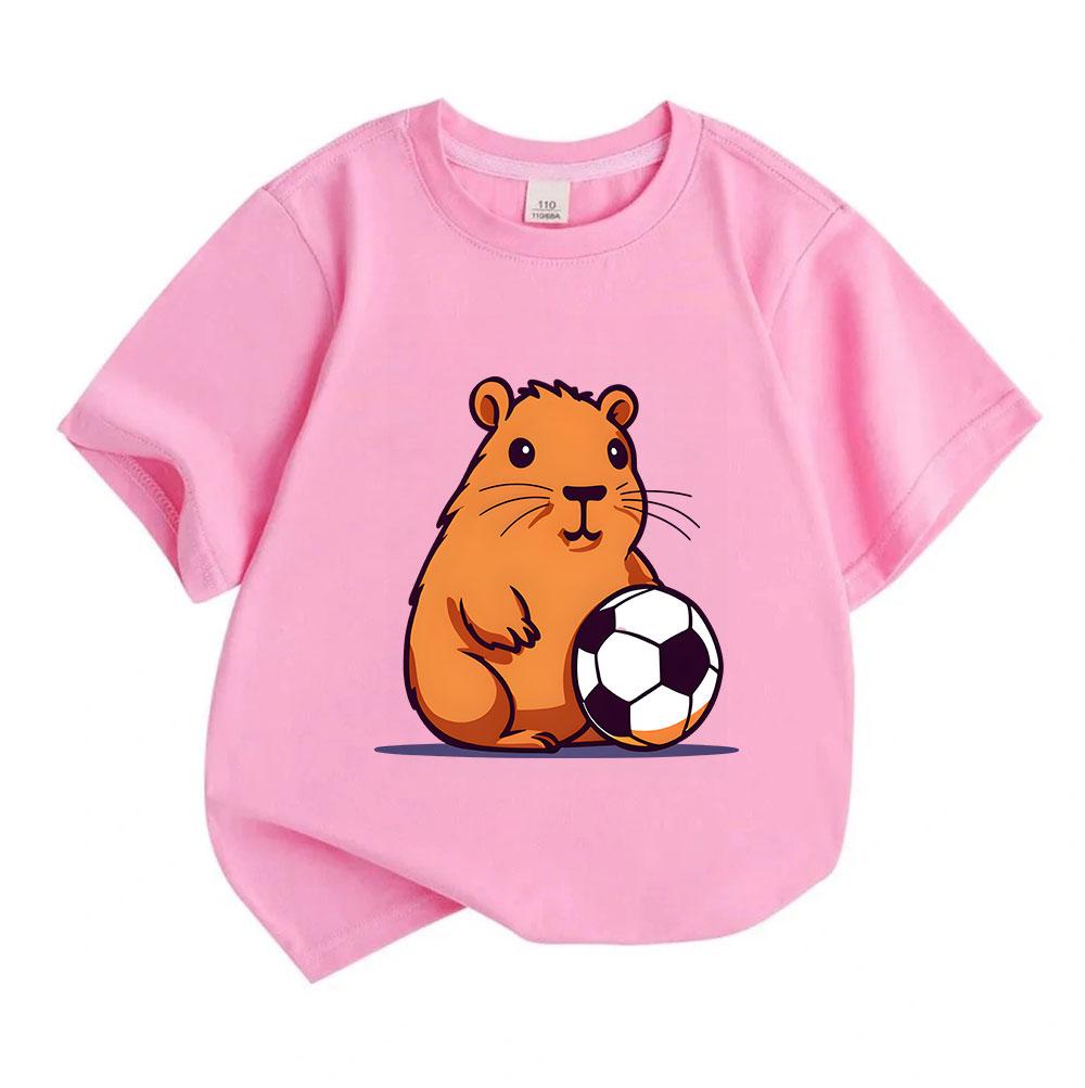 Cute Cartoon Capybara with Soccer Ball Kids T-Shirt 100% Cotton Casual Short Sleeve Round Neck Tee for Boys Girls Soft Breathable Summer Top Daily Pla