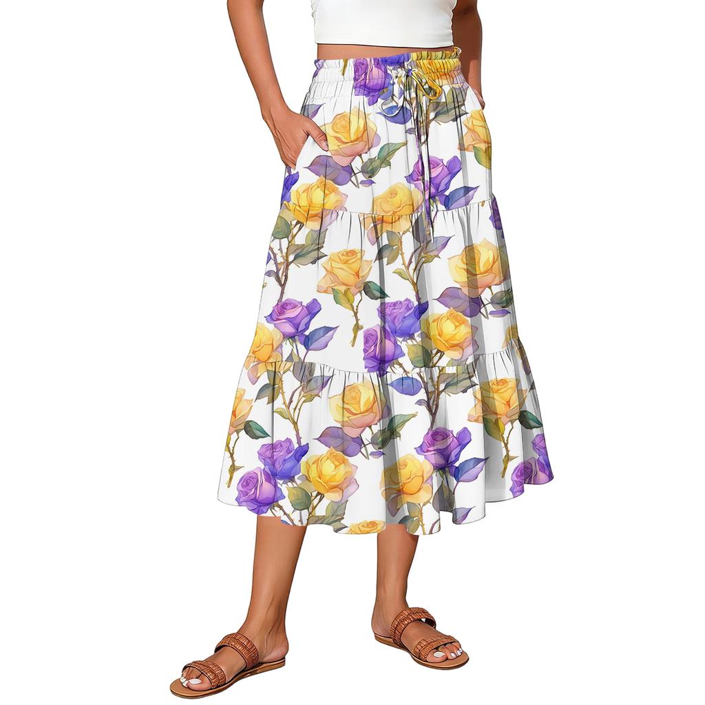 Womens Maxi Skirt Drawstring High Waisted Summer Long Skirts Lightweight Tiered Flowy Floral Pleated Skirts
