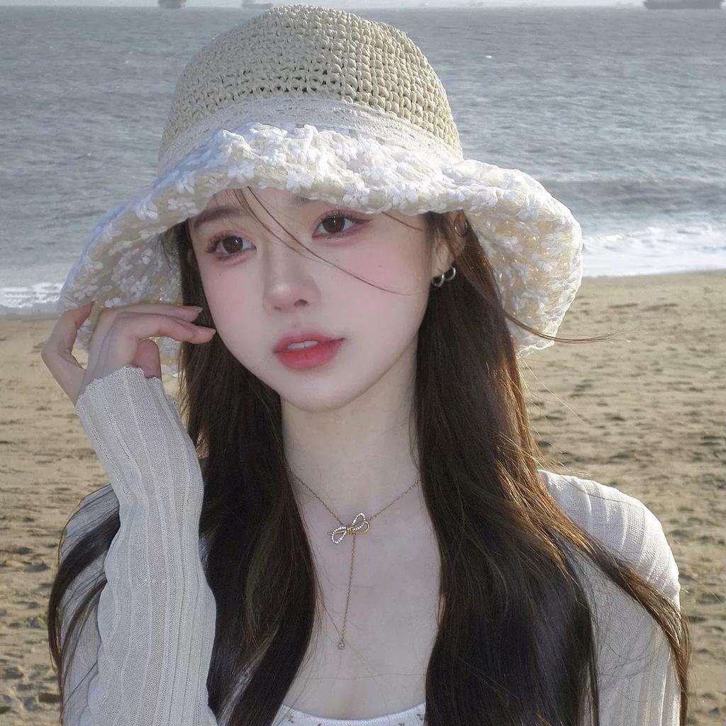 Summer New Seaside Sun Hat Breathable Sunscreen Hat Large Brim Bucket Hat Foldable French Lace Straw Hat
