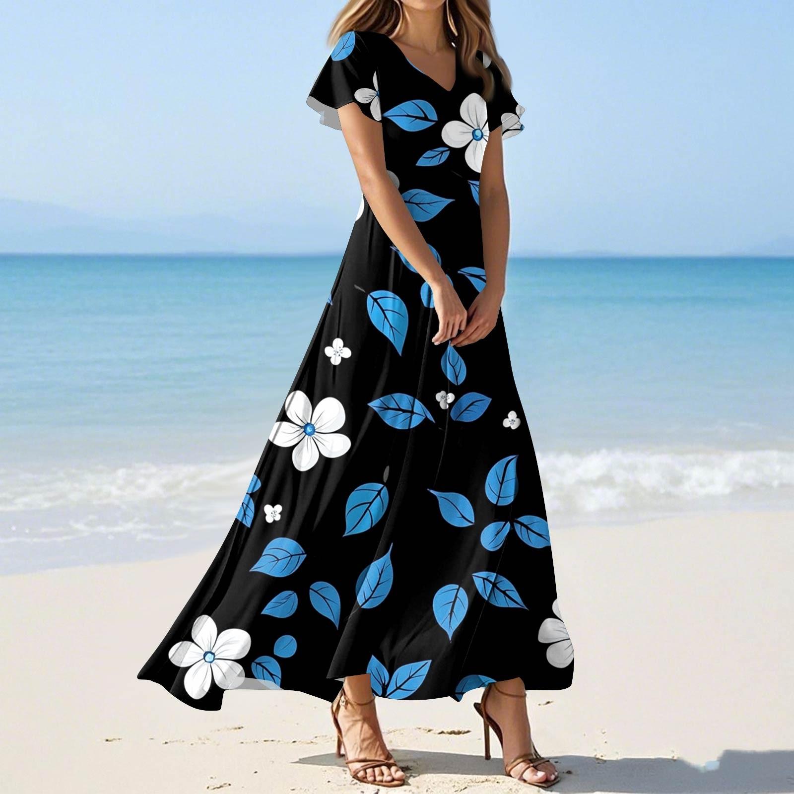 

Женские летние модные повседневные платья с цветочным принтом, платья с V-образным вырезом и коротким рукавом L чёрный