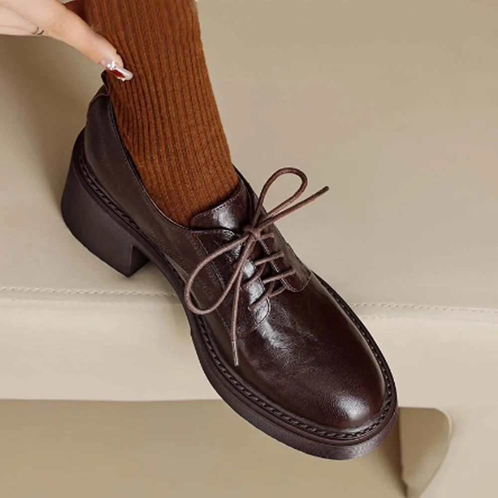 Fashion Lefu Shoes Womens Cowhide Lace Up Flat Shoes Oxford Round Toe Retro British High-Quality Soft Comfortable All Season Daily Shoes