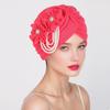 Women Headscarf Hat Imitation Pearls Flower Decor Turban Hat Solid Color Stretchable Fit Headband Sleep Hat