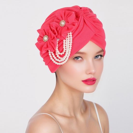 Women Headscarf Hat Imitation Pearls Flower Decor Turban Hat Solid Color Stretchable Fit Headband Sleep Hat