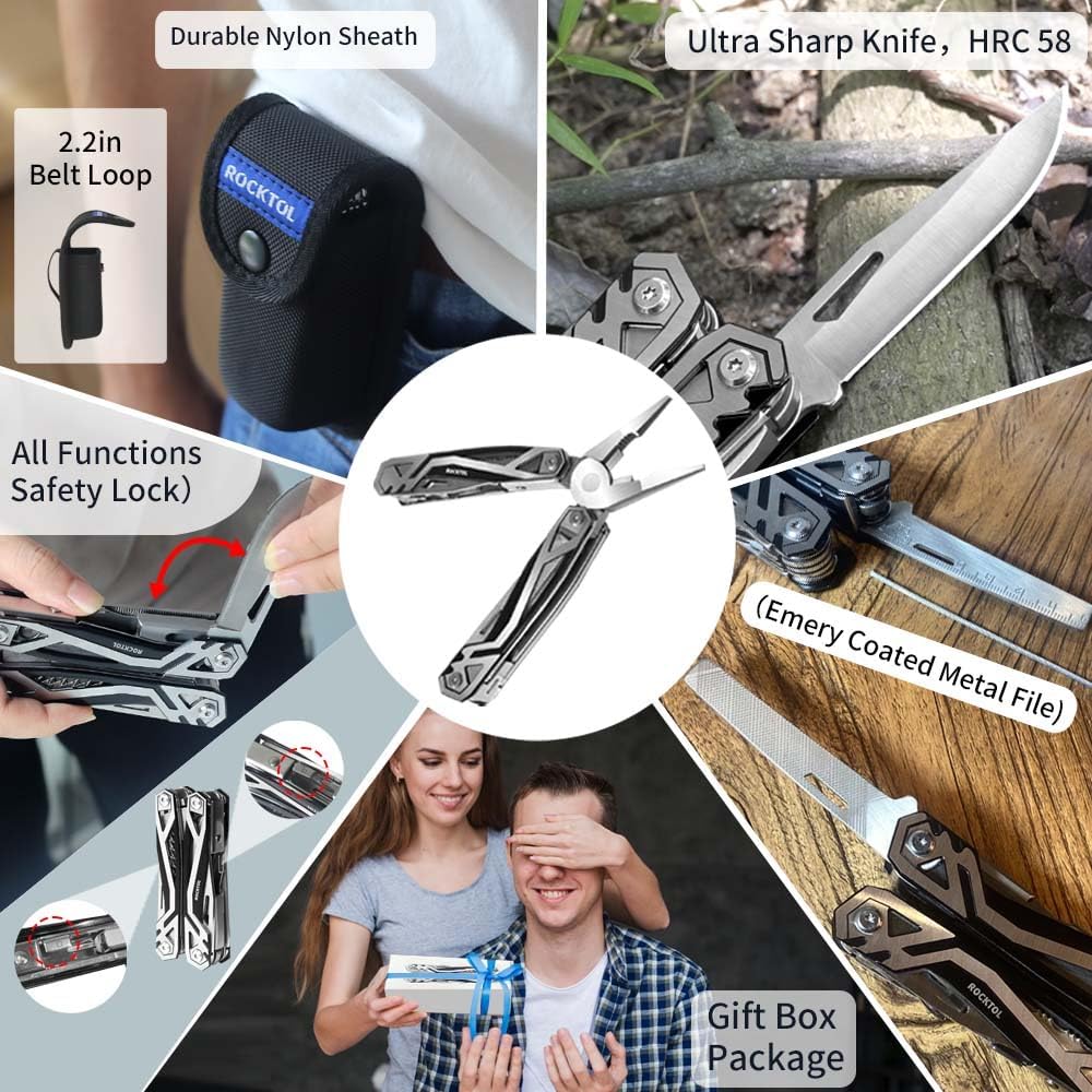 ROCKTOL Set with Stainless Steel Perfect for and Gift for Dad or Men Multi-Function Pliers, 21-in-1 Multi-Tool Pliers, Survival, Camping, Hunting,