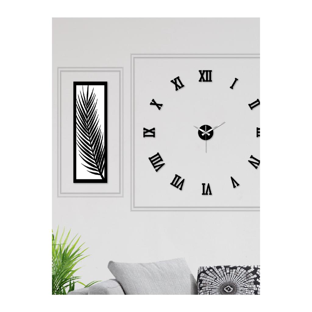 3 Piece Wall Clock Set, Acrylic Plexiglass Mirrored Palm Leaves And Roman R. Clock