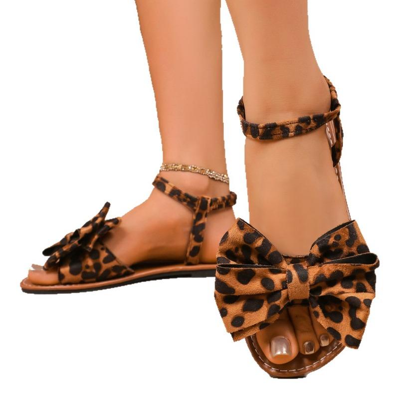 Women’s Bow Leopard Print Flat Sandals, Summer Casual Slip-Ons, Wide Size