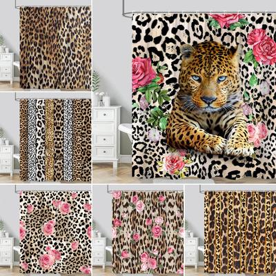 Tenda da Doccia con Texture Leopardo, Strisce Marroni Floreali Vintage, Geometrica Creativa, Piante Moderne, Poliestere, Tenda Decorativa per Bagno