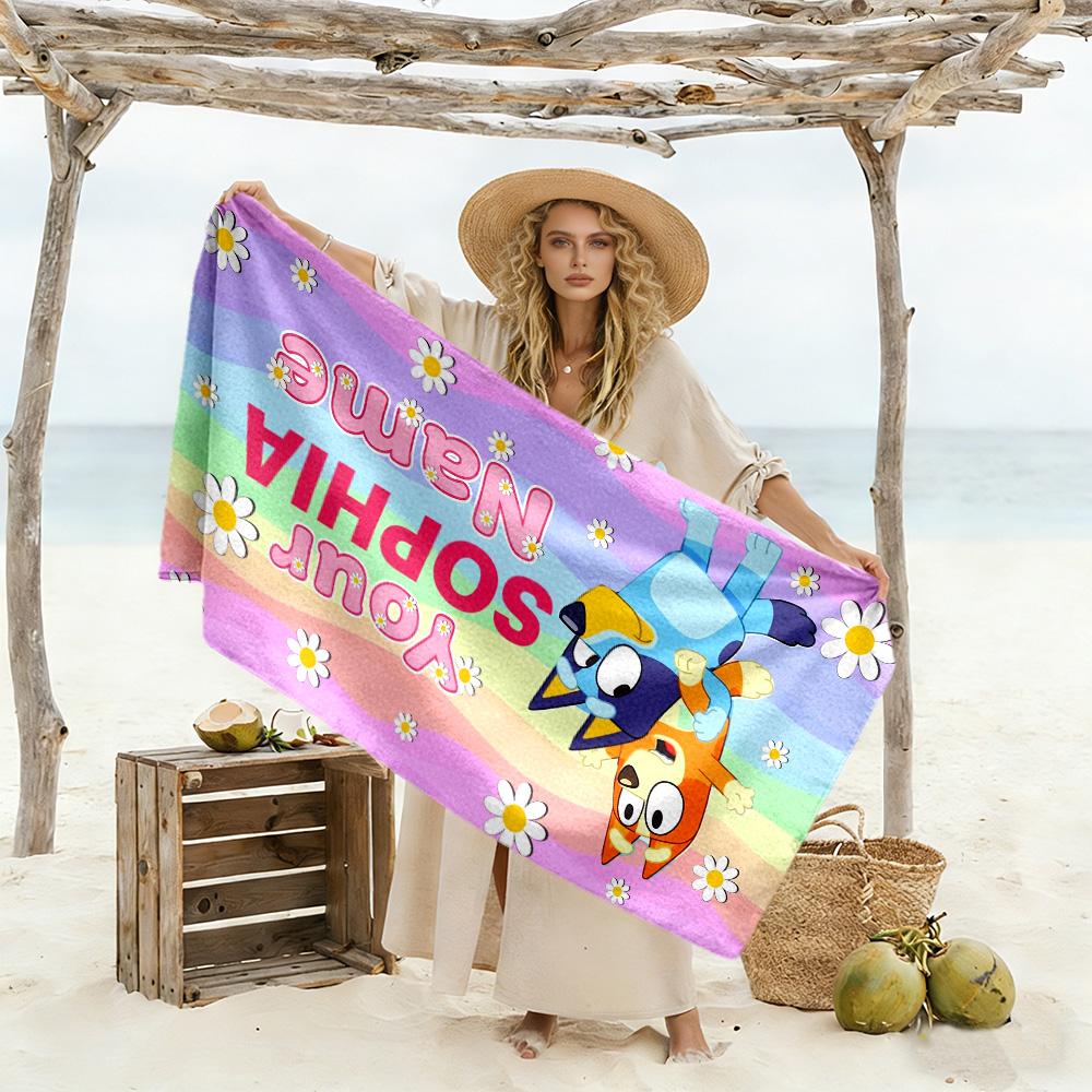 Bluey Customizable Name Beach Towel Super Soft Microfiber Quickdry Fabric Suitable for Swimming Gym Camping Yoga Vacation