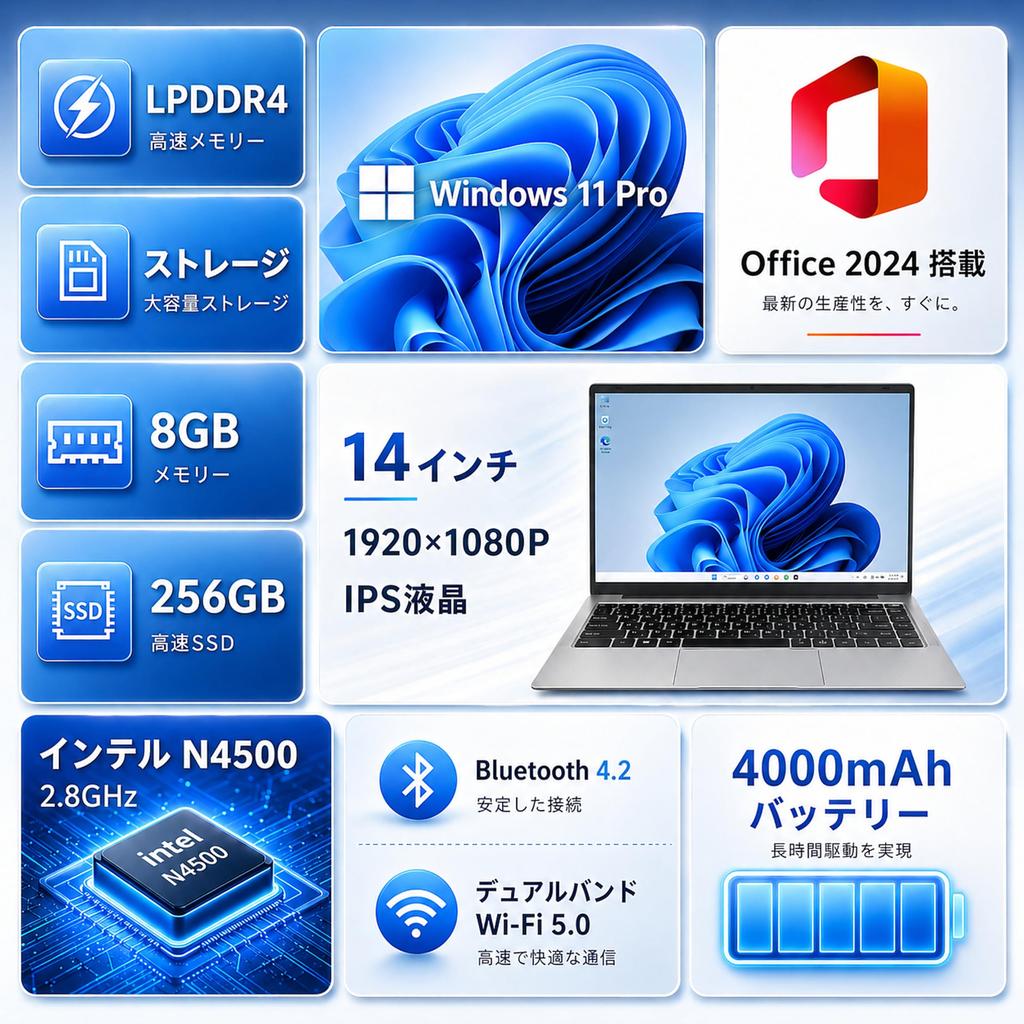 KAZEON N4500 Laptop Office 2024 Windows 11 1920x1080 FHD IPS LCD 8GB Memory 256GB SSD Webcam Bluetooth Mini HDMI Lightweight and Slim Home use