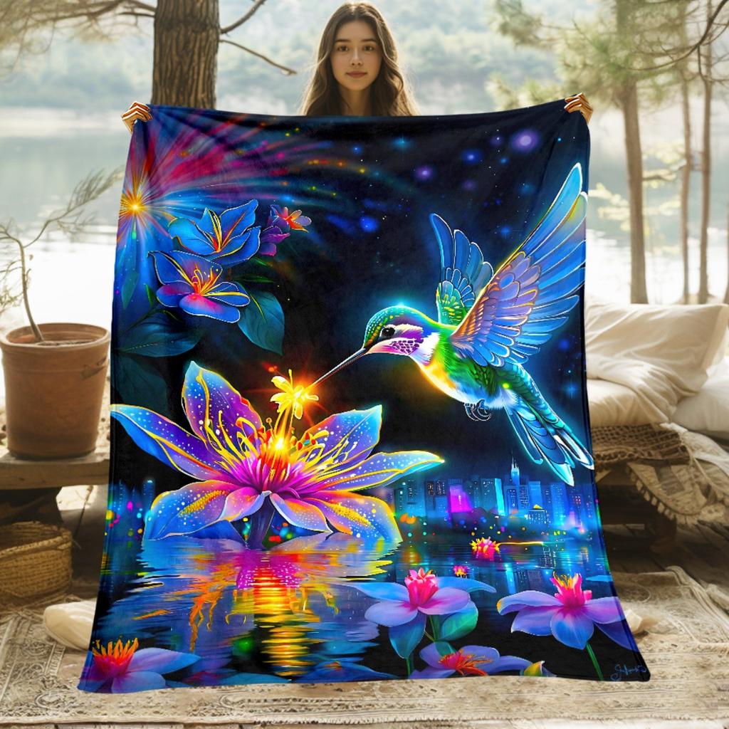 Bird with Neon Flowers Blanket, Soft Warm Throw for Travel Camping Sofa Living Room Bed Chair, Gift for Family Friends