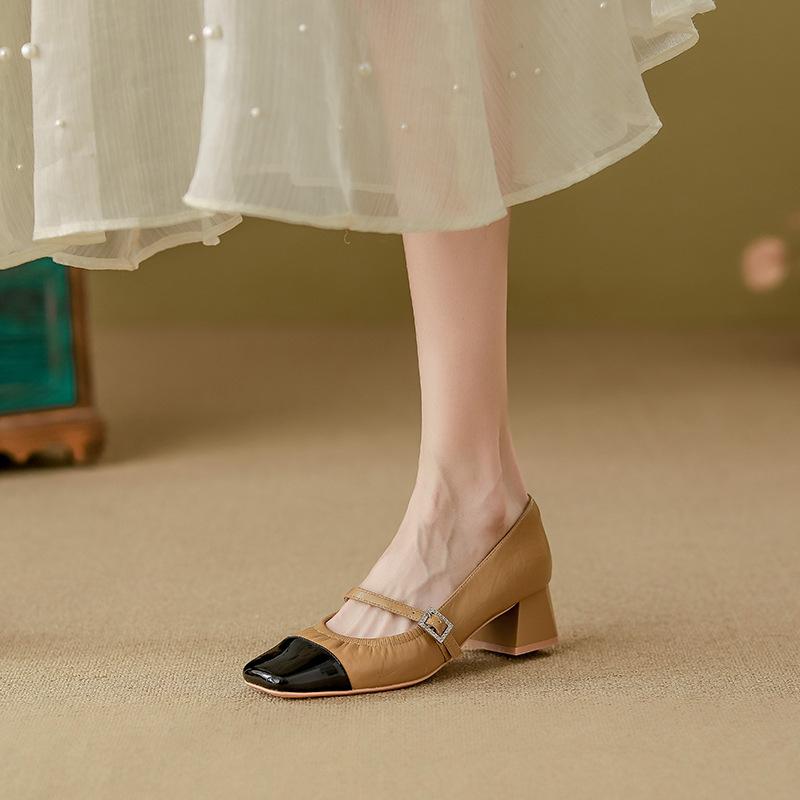 

Sheepskin version~ Chengdu style high heels women s outer wear advanced sense temperament single shoes wrinkle sense color matching 39