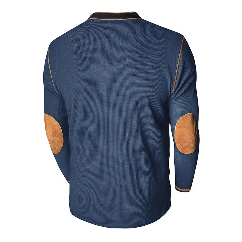 Men's Long Sleeve Stand Collar Henry Tshirt Casual Cotton Patchwork T-Shirt Autumn Winter Base Layer Shirt American Retro Tees