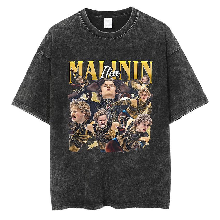 Champions Ilia Malinin Ice Skating Vintage Washed T Shirts Mens Summer Fashion Oversized Cotton Tshirt Unisex Streetwear