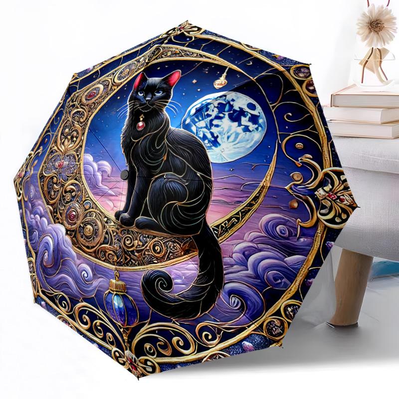 Mystische Schwarze Katze Mondsichel Automatischer Outdoor-Regenschirm Einziebares Design mit 8-Speichen-Haltbarkeit Leicht Perfektes Geschenk für Freunde Familie
