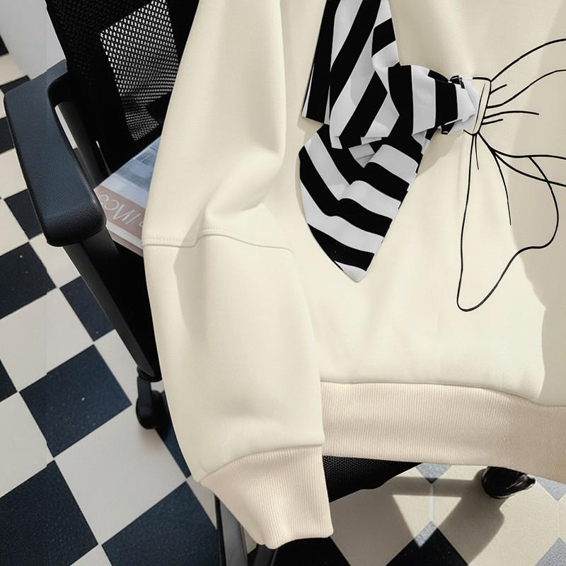 Womens Sweet Stripe Hoodie With 3D Bow Detail Round Neck Loose Fit Cotton Blend Top Fall 2025