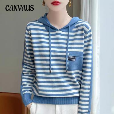 Striped Colour Blocking Casual Hooded Knit Sweater Women's Autumn Fashion Fashionable Knit Sweater