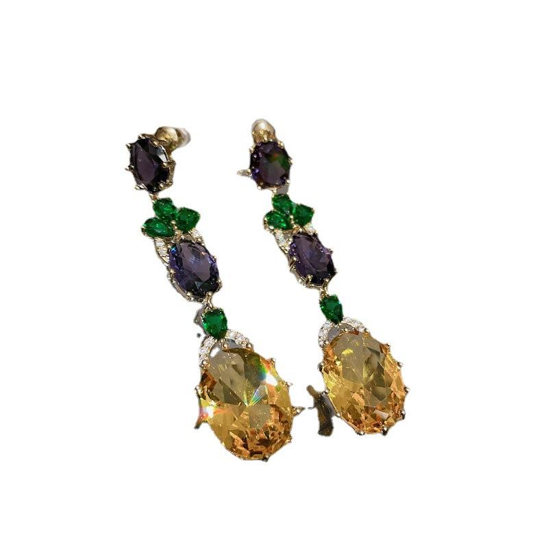 Oil Painted Peacock Emerald Flower Pendant, 18K Gold Plated Multi-Faceted Tetris Zircon Tassel Earrings