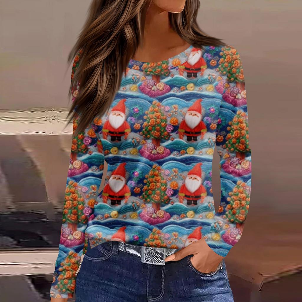 Women's Fashion Casual Slit Hem Round Neck Long Sleeve Loose  Printed T-Shirt Ladies Top