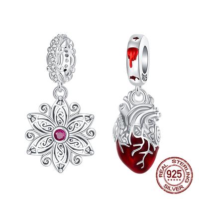 925 Silver Exquisite Vintage Floral Openwork Crimson Heart Pendant Fit Original Charm Bracelets Women DIY Jewelry Gift