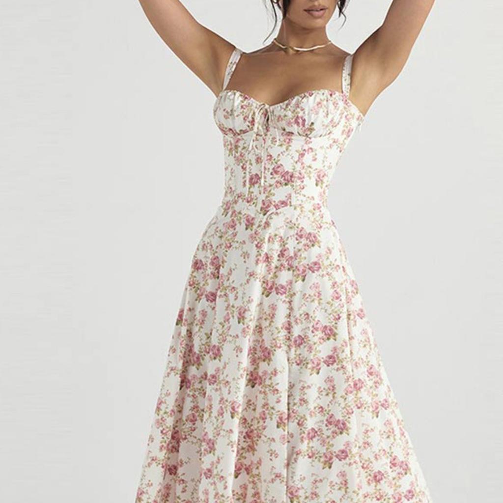 Women's Square Neck Short Sleeve Midi Dress Slim Fit High Waist Elegant Floral Sundress