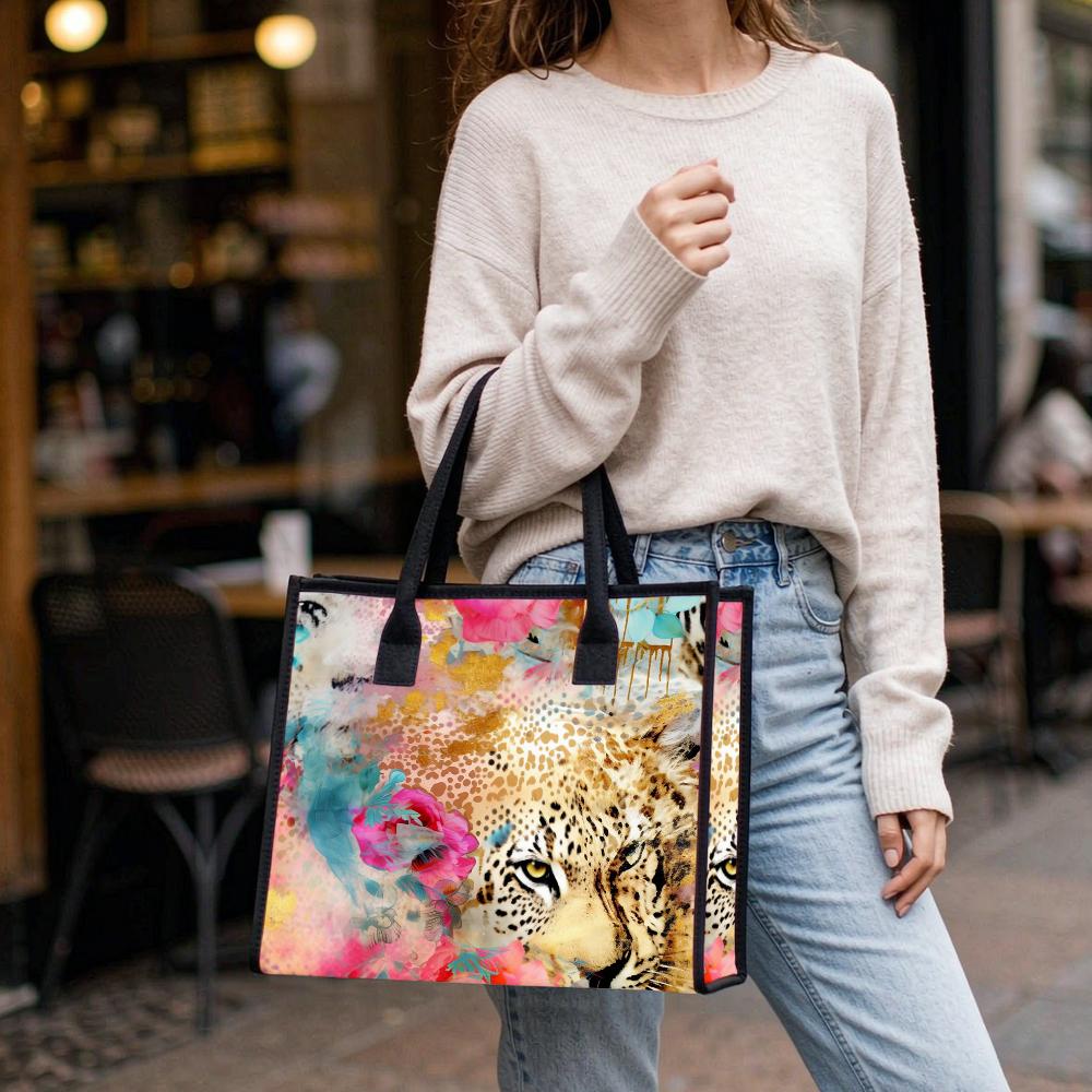 Fashion Leopard Floral Print Large Tote Bag Casual Reusable Shopping Shoulder Bag for Women Daily Use