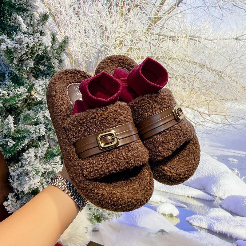 

2025 новые шерстяные туфли женские зимние мягкие тапочки из овечьей шерсти с пряжкой-ремнем бархатные теплые женские туфли 40 хаки