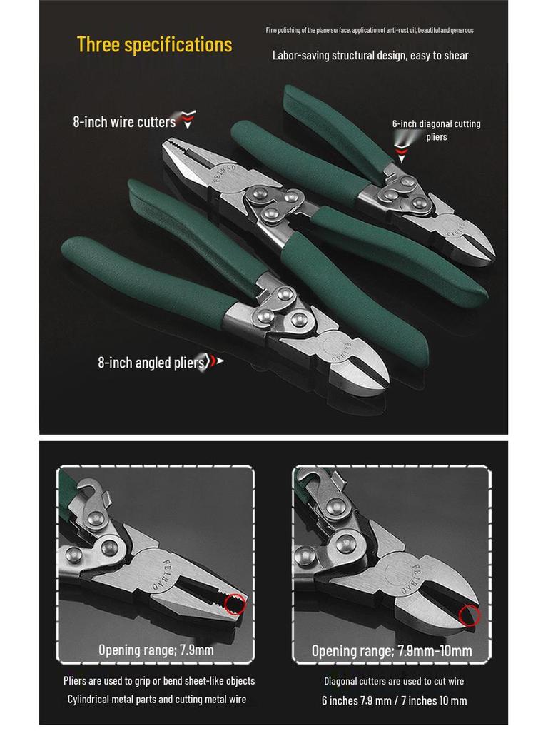 Labor-Saving Steel Wire Cutters: Multi-Functional, Angled, 6" & 8" Lineman's Pliers, Industrial Grade Electrician's Diagonal Cutting Pliers
