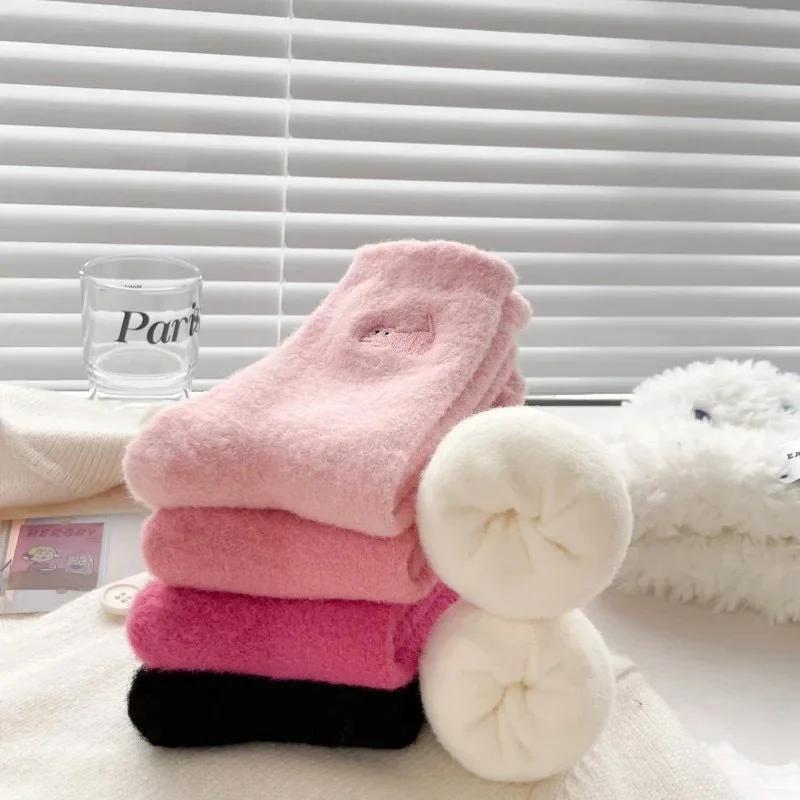 Soft Mink Velvet Socks Winter Women's Cute Cat Thickened In Tube Socks  Girls Simple Cozy Hairy Sleep Socks Fashion Accessories
