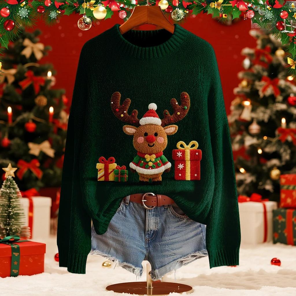 Women's Fashion Christmas Print Pullover Long-Sleeve  Neck Knit Sweater Top