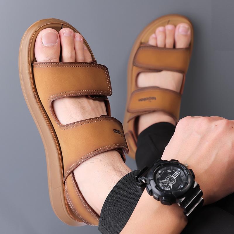 Men's Leather Sandals 2025 Summer Commuter Outdoor Casual Anti-slip Flip-flops Male Fashion Solid Color Designer Sandals Man