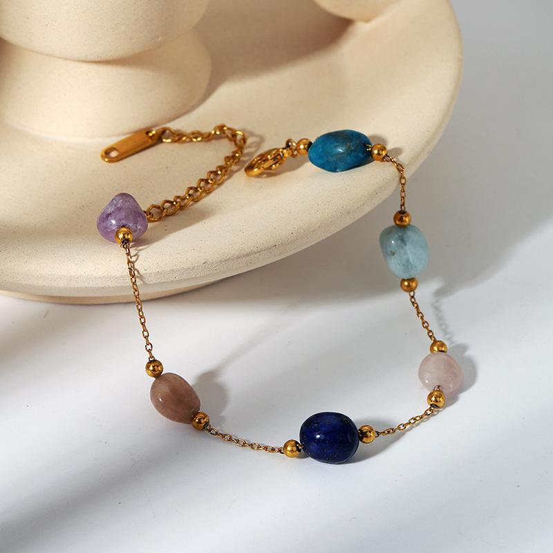 Colorful Natural Stone Beads Bracelet Bangle for Women Gold Color Stainless Steel Bead Chain Stackable Wrist Jewelry Gifts