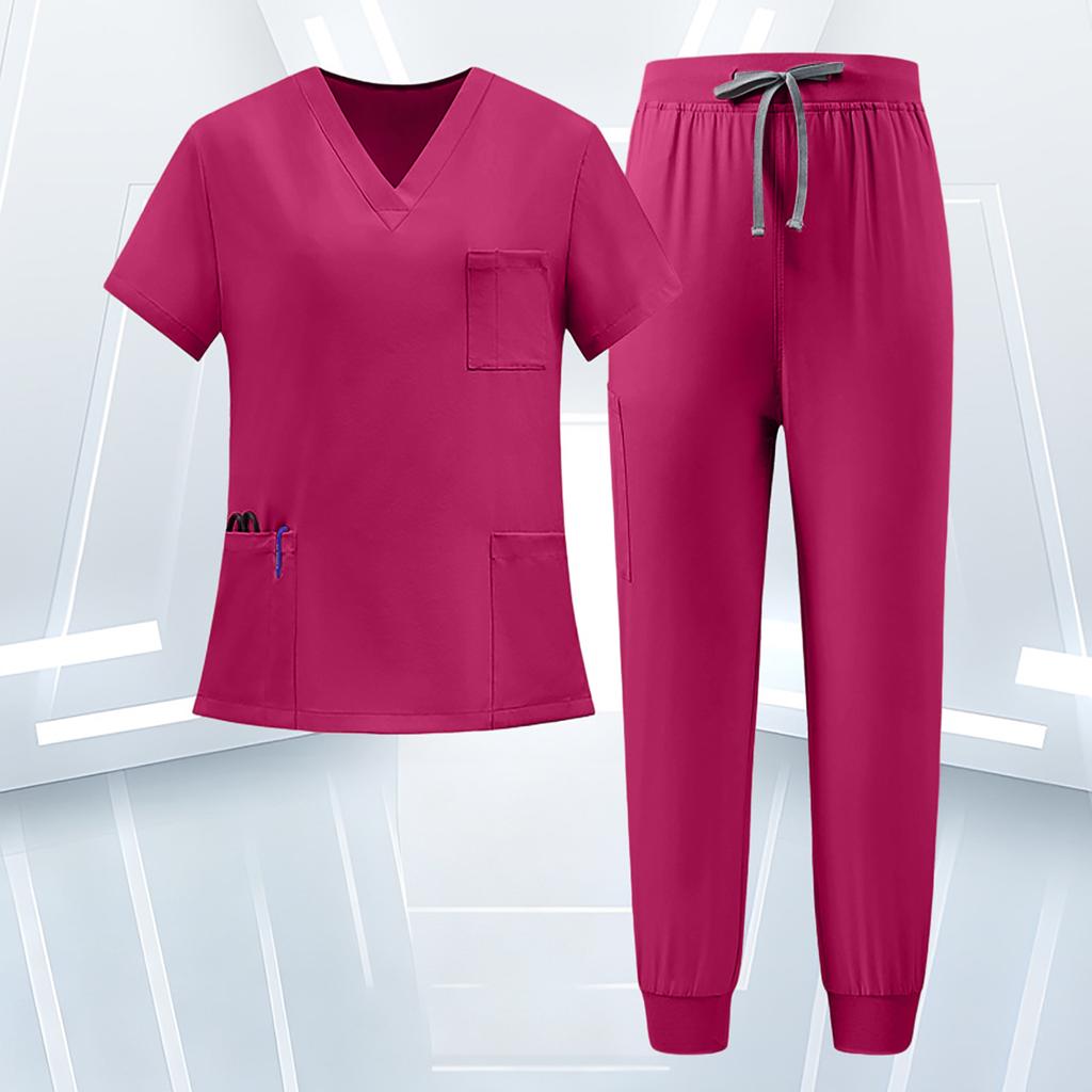 Women's Uniform Scrub Set - Quick-Dry V-Neck Short Sleeve Top with Pockets and Long Pants, Color