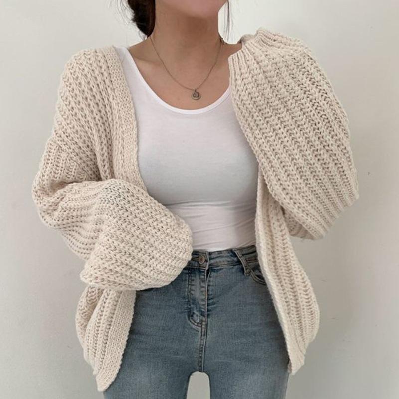 Plus-size Woman 2026 New Fashion Tide Loose Lantern Sleeve Knitted Cardigan Sweater Jacket Coat