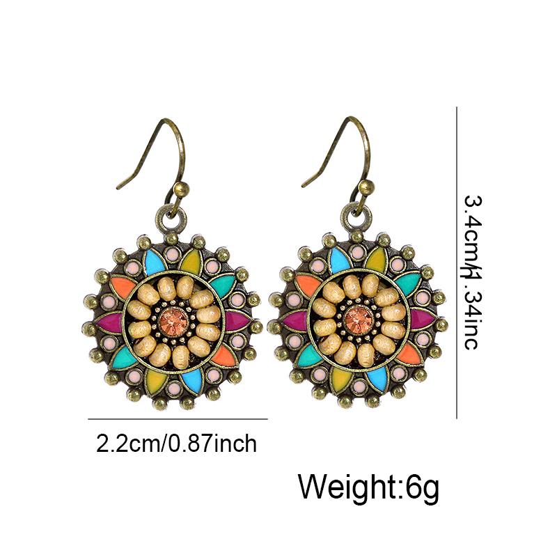 Vintage Ethnic Colorful Drop Oil Flower Round Earrings for Women Boho Elegant Rice Wooden Beads Dangle Earrings Jewelry Gift