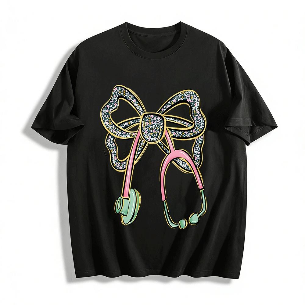 Floral Bow Stethoscope Print Casual Top Pure cotton T-shirt XXS